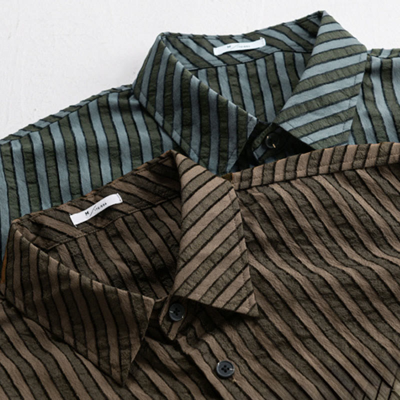 Buddha Stones Vintage Striped Buttons Down Stand Collar Long Sleeve Men's Cotton Shirt - image 17