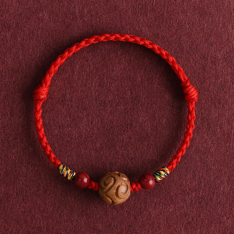 Buddha Stones Carved Auspicious Pattern Natural Peach Wood Rope Luck Bracelet - Red Rope(Wrist Circumference: 13-18cm) - image 1