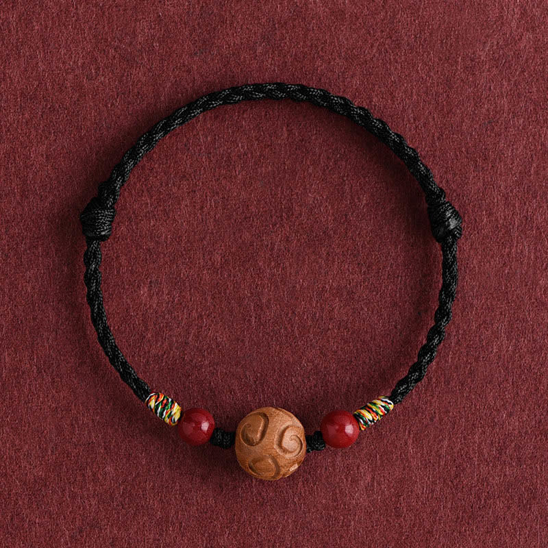 Buddha Stones Carved Auspicious Pattern Natural Peach Wood Rope Luck Bracelet - Black Rope(Wrist Circumference: 13-18cm) - image 13