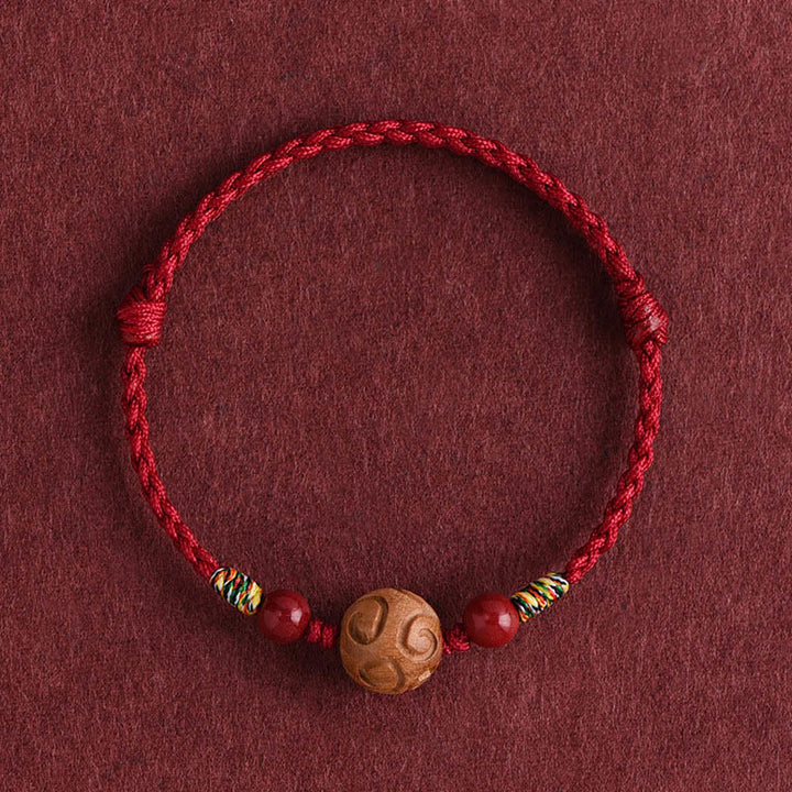 Buddha Stones Carved Auspicious Pattern Natural Peach Wood Rope Luck Bracelet - Darkred Rope(Wrist Circumference: 13-18cm) - image 9