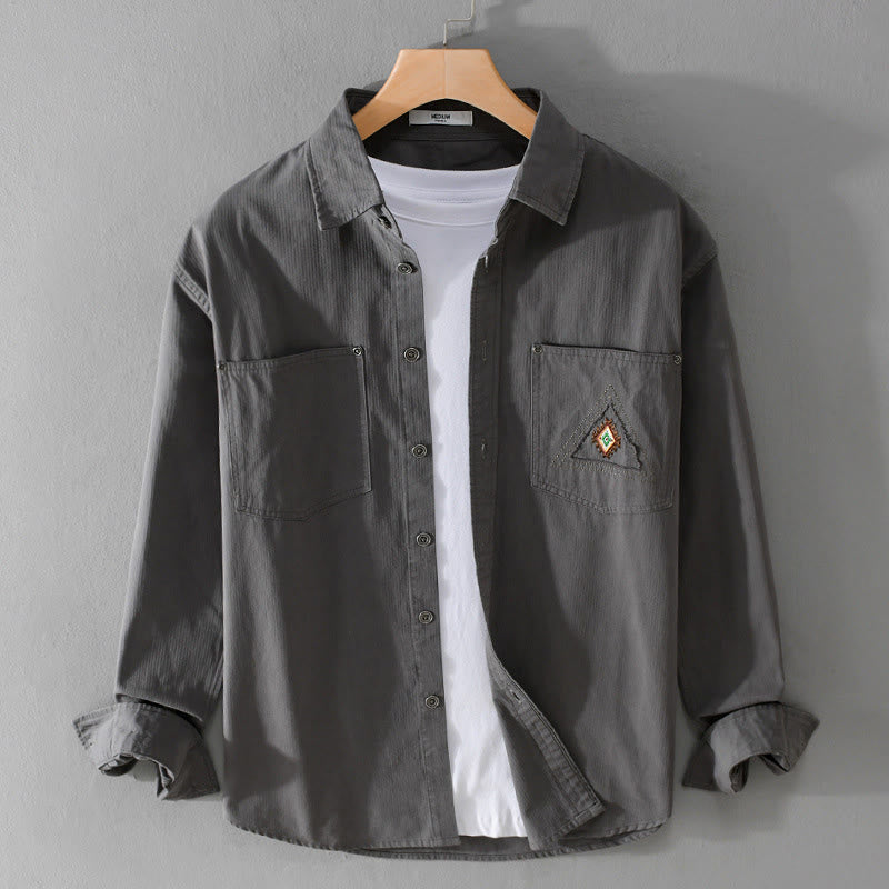 Buddha Stones Fall Triangle Rhombus Decorative Pocket Buttons Down Stand Collar Long Sleeve Men's Cotton Shirt - Gray - US/UK/AU42，EU52 (3XL) - image 0