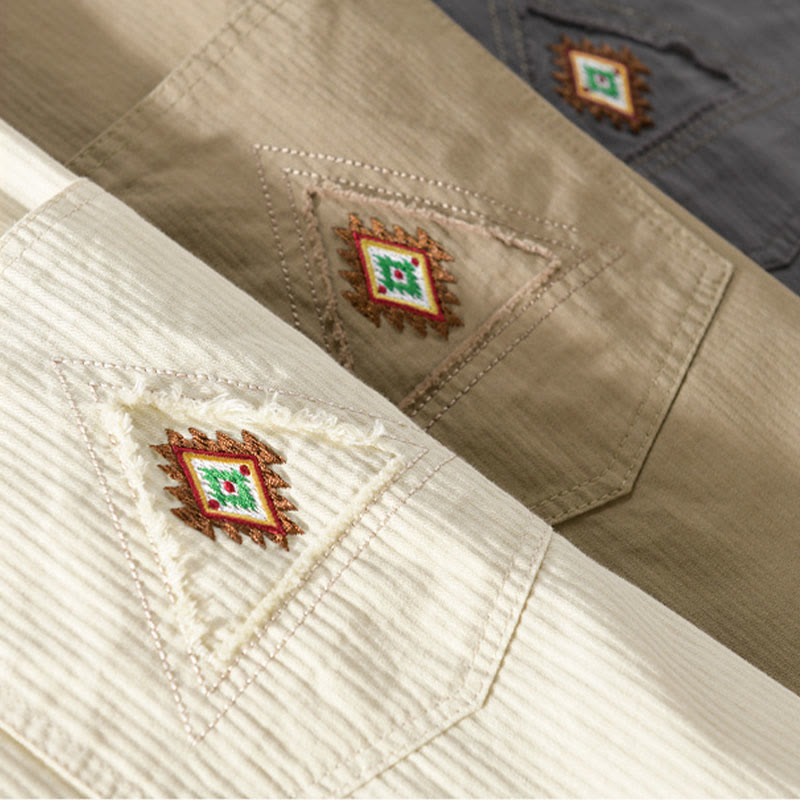 Buddha Stones Fall Triangle Rhombus Decorative Pocket Buttons Down Stand Collar Long Sleeve Men's Cotton Shirt - image 25