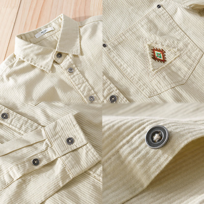 Buddha Stones Fall Triangle Rhombus Decorative Pocket Buttons Down Stand Collar Long Sleeve Men's Cotton Shirt - image 13