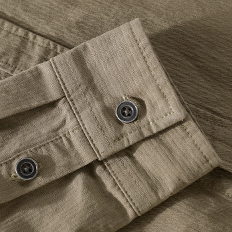 Buddha Stones Fall Triangle Rhombus Decorative Pocket Buttons Down Stand Collar Long Sleeve Men's Cotton Shirt - image 20