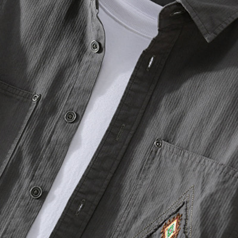 Buddha Stones Fall Triangle Rhombus Decorative Pocket Buttons Down Stand Collar Long Sleeve Men's Cotton Shirt - image 2