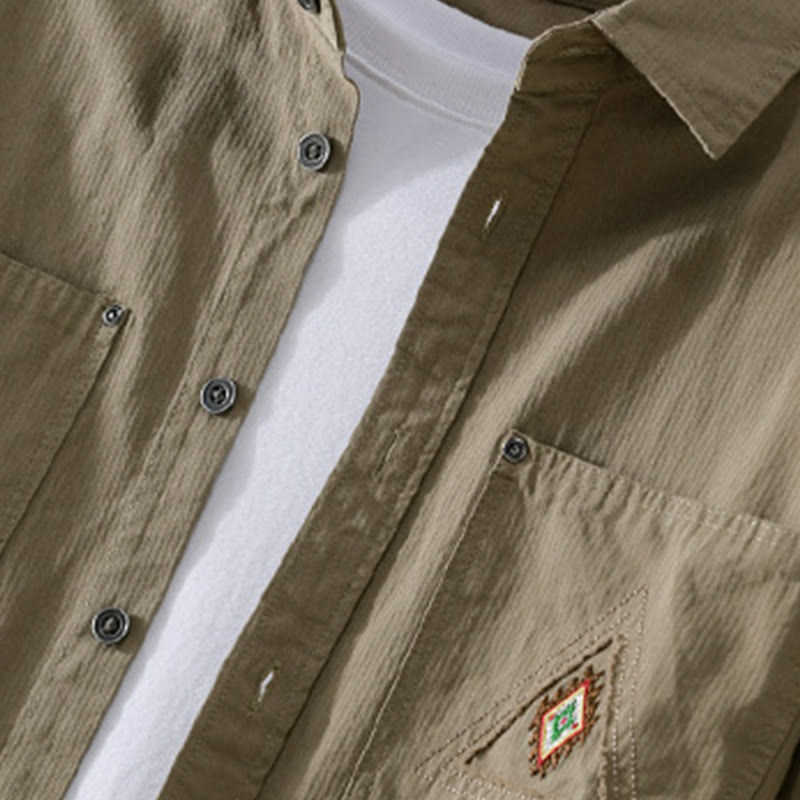 Buddha Stones Fall Triangle Rhombus Decorative Pocket Buttons Down Stand Collar Long Sleeve Men's Cotton Shirt - image 17