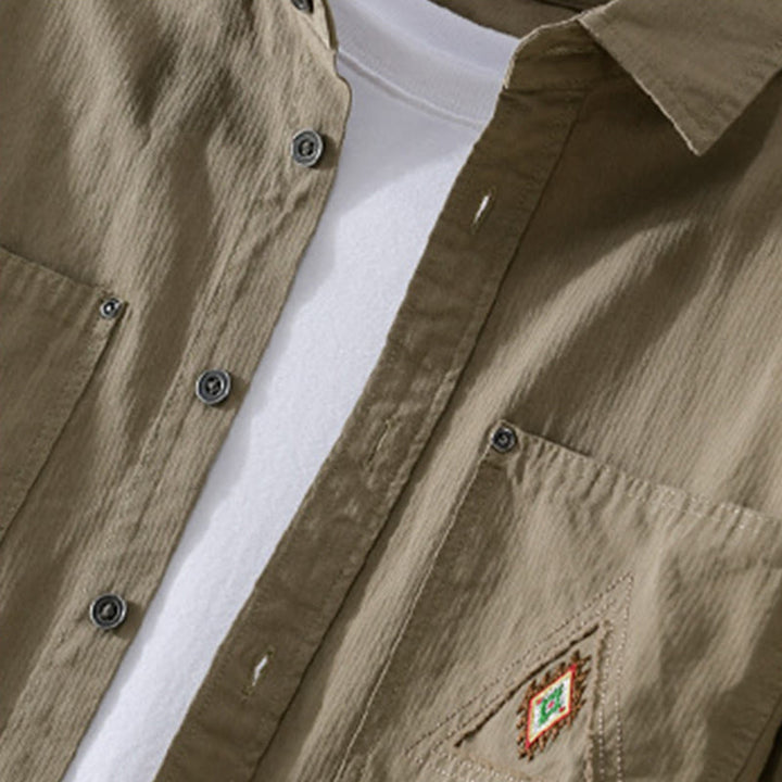 Buddha Stones Fall Triangle Rhombus Decorative Pocket Buttons Down Stand Collar Long Sleeve Men's Cotton Shirt - image 17