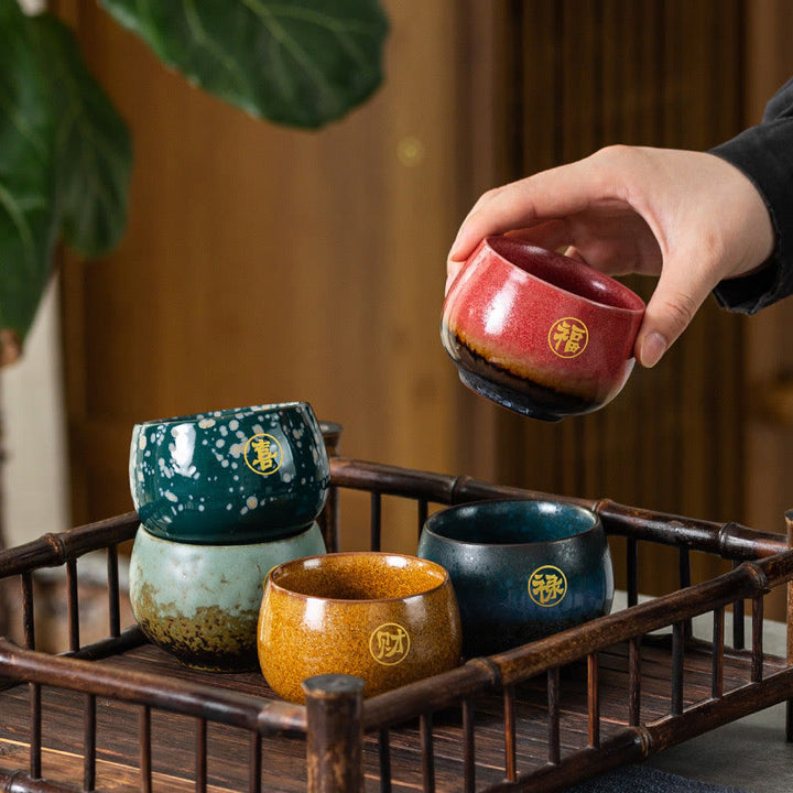 Buddha Stones Hand Painted Fu Character Ceramic Teacup Kung Fu Tea Cup With Gift Box - A Set Of Five 7.5cm*5.2cm*125ml - image 0