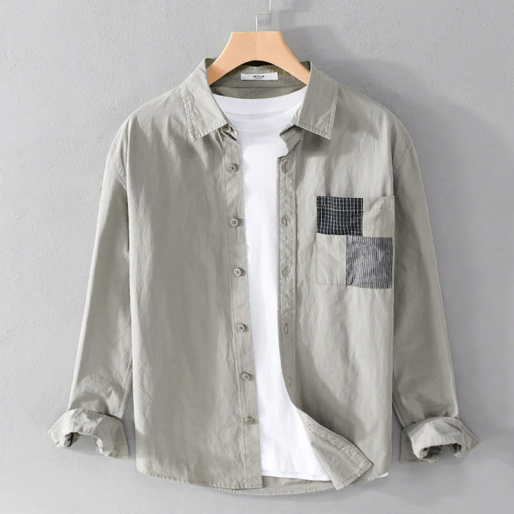 Buddha Stones Fall Square Color Blocking Decorative Pocket Buttons Down Stand Collar Long Sleeve Men's Cotton Shirt - Honeydew - US/UK/AU42，EU52 (3XL) - image 0