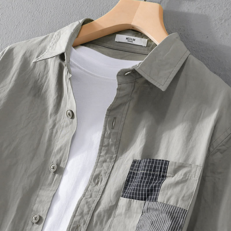 Buddha Stones Fall Square Color Blocking Decorative Pocket Buttons Down Stand Collar Long Sleeve Men's Cotton Shirt - image 1