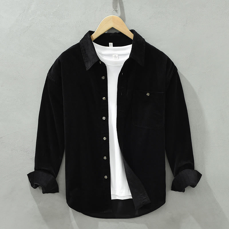 Buddha Stones Fall Decorative Pocket Buttons Down Stand Collar Long Sleeve Men's Cotton Corduroy Shirt - Black - US/UK/AU42，EU52 (3XL) - image 14