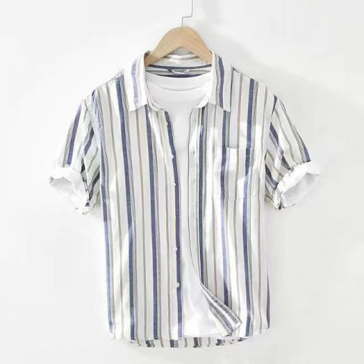 Buddha Stones Fall Stripe Decorative Pocket Buttons Down Long Sleeve Three Quarter Sleeve Short Sleeve Men's Cotton Shirt - Short-Sleeved Blue - US/UK/AU42，EU52 (3XL) - image 19