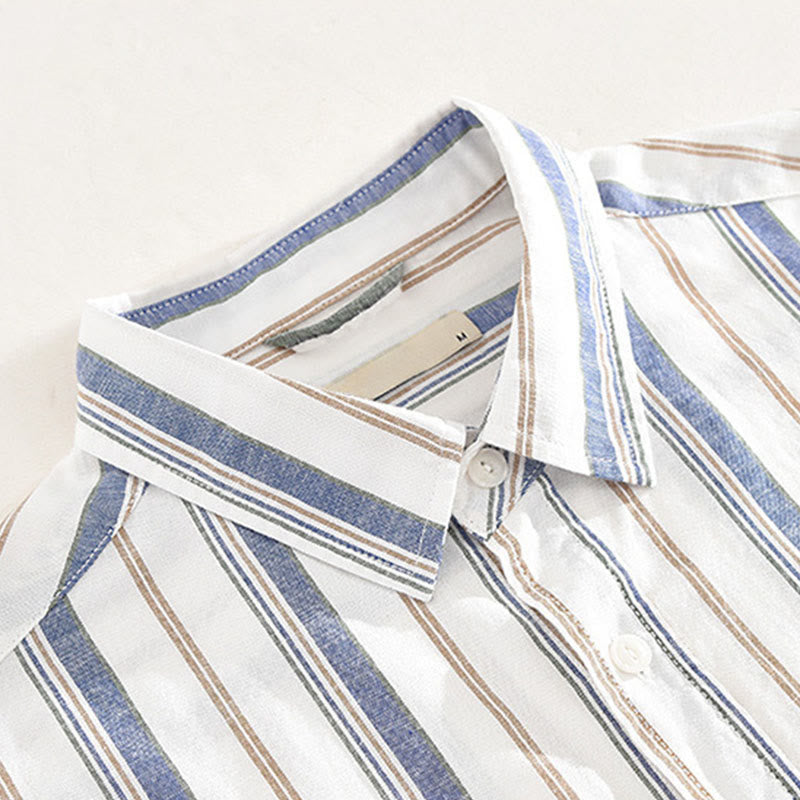 Buddha Stones Fall Stripe Decorative Pocket Buttons Down Long Sleeve Three Quarter Sleeve Short Sleeve Men's Cotton Shirt - image 3