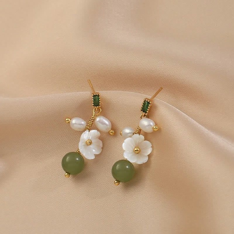 Buddha Stones Hetian Jade Pearl Bead Flower Prosperity Abundance Earrings - image 4