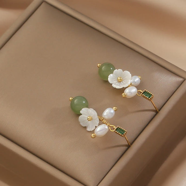 Buddha Stones Hetian Jade Pearl Bead Flower Prosperity Abundance Earrings - image 2