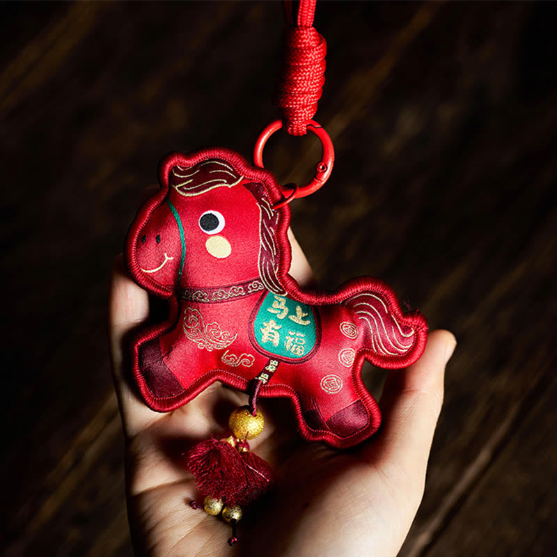 Buddha Stones Year Of The Horse Various Color Embroidery Tassel Prosperity Key Chain - Red Horse(Size: 9*8cm) - image 1