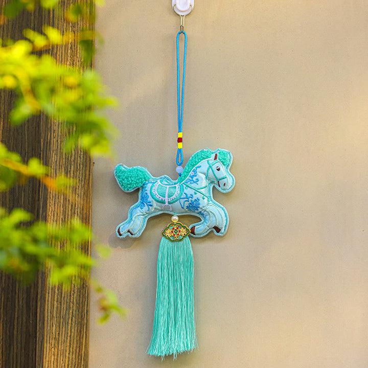 Buddha Stones Year Of The Horse Embroidery Copper Coins Bell Charm Tassel Wealth Success Hanging Decoration - Blue Horse(13cm*34cm) - image 7