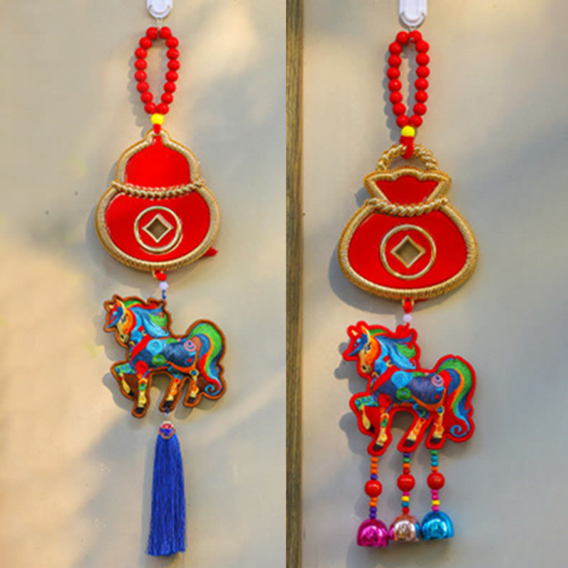 Buddha Stones Year Of The Horse Embroidery Money Bag Gourd Copper Coins Bell Charm Success Hanging Decoration - image 15