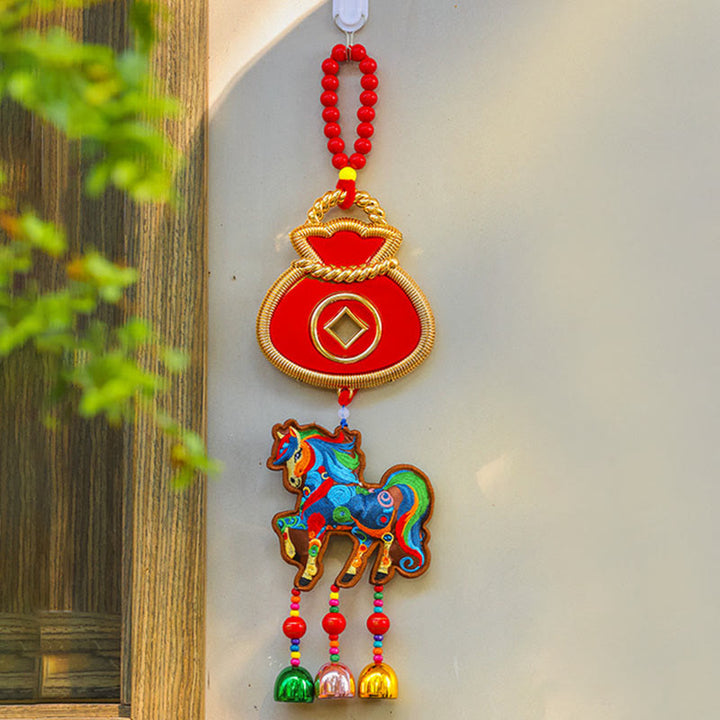 Buddha Stones Year Of The Horse Embroidery Money Bag Gourd Copper Coins Bell Charm Success Hanging Decoration - Brown Horse&Money Bag(12*42cm) - image 1