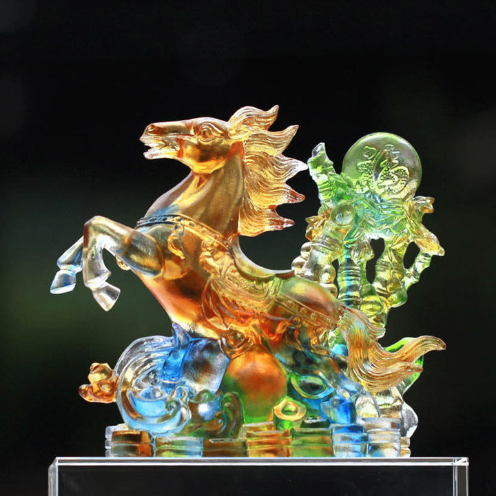 Buddha Stones Year of the Horse Handmade Horse Fu Character Liuli Crystal Art Piece Prosperity Home Office Decoration - Large Horse(With Crystal Base)30.5*10*24.5cm - image 1
