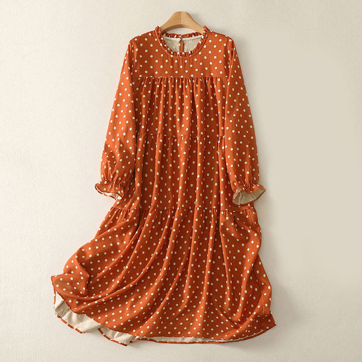 Buddha Stones Fall Polka Dot Design Crew Neck Long Sleeve Cotton Women's Midi Dress - Coral - US14，UK/AU18，EU46 (2XL) - image 0