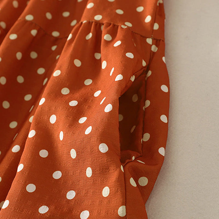 Buddha Stones Fall Polka Dot Design Crew Neck Long Sleeve Cotton Women's Midi Dress - image 5