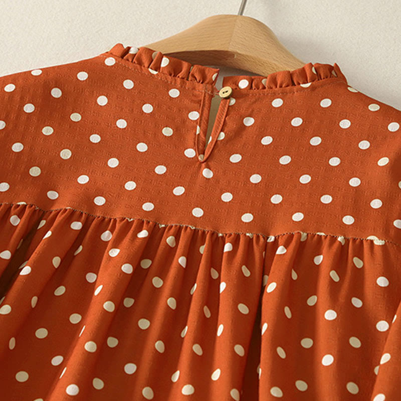 Buddha Stones Fall Polka Dot Design Crew Neck Long Sleeve Cotton Women's Midi Dress - image 3