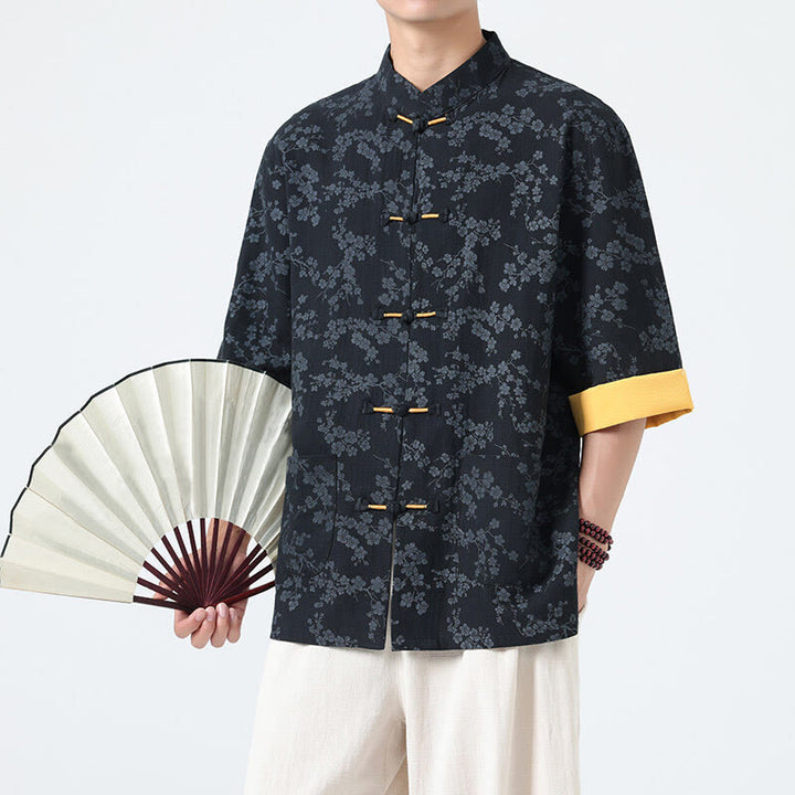 Buddha Stones Summer Peach Blossoms Pattern Chinese Frog-Button Cotton Linen Short Sleeve Men's Shirt - image 1