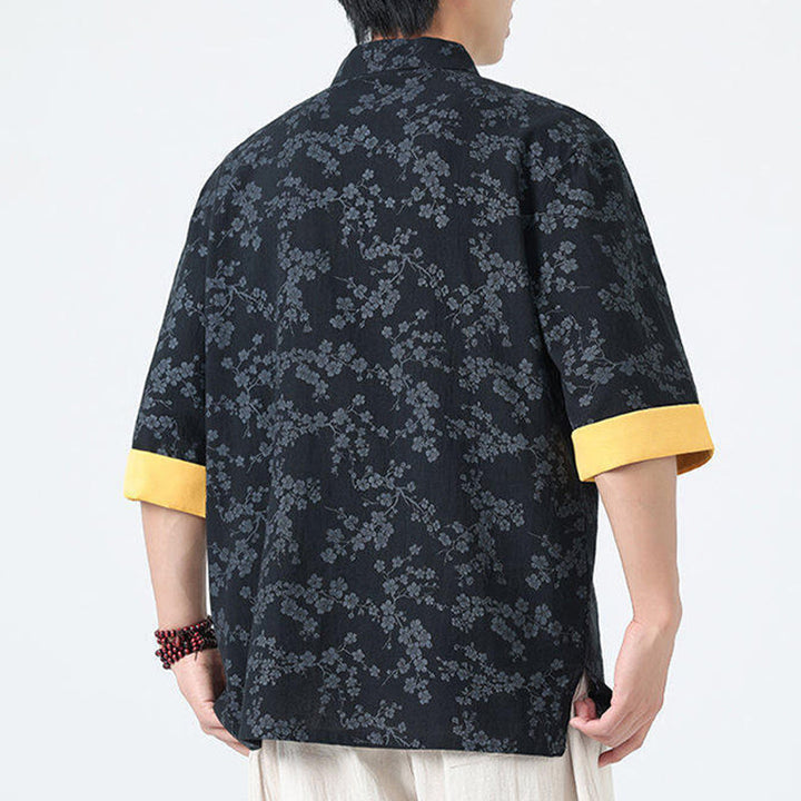 Buddha Stones Summer Peach Blossoms Pattern Chinese Frog-Button Cotton Linen Short Sleeve Men's Shirt - image 3