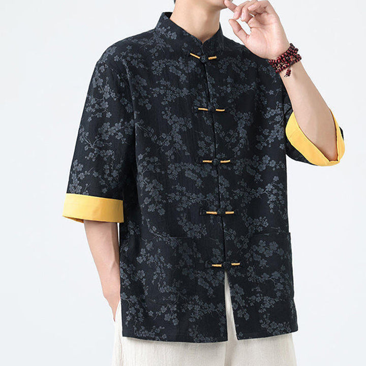 Buddha Stones Summer Peach Blossoms Pattern Chinese Frog-Button Cotton Linen Short Sleeve Men's Shirt - image 2