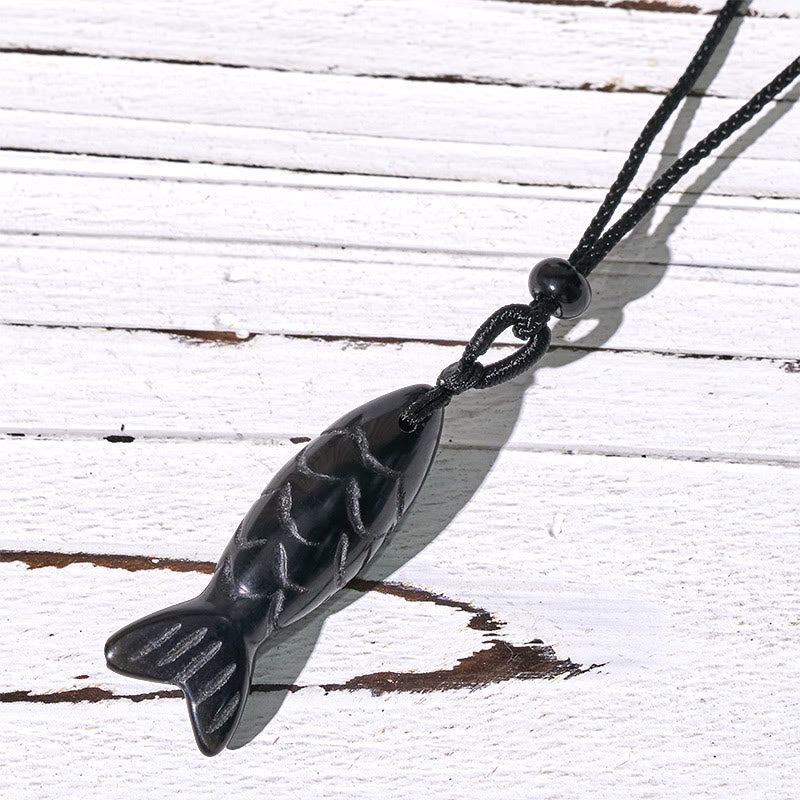 Buddha Stones Carving Koi Fish Pink Crystal Indian Agate Amethyst Warmth Prosperity Necklace Pendant - Black Obsidian(Pendant Size: 15*40mm) - image 63