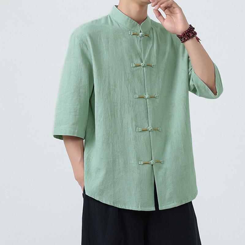 Buddha Stones Summer Bamboo Leaves Pattern Chinese Frog-Button Cotton Linen Short Sleeve Men's Shirt - image 13