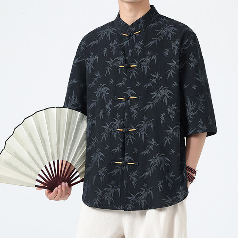 Buddha Stones Summer Bamboo Leaves Pattern Chinese Frog-Button Cotton Linen Short Sleeve Men's Shirt - image 1