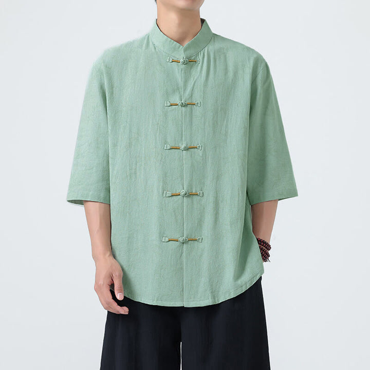 Buddha Stones Summer Bamboo Leaves Pattern Chinese Frog-Button Cotton Linen Short Sleeve Men's Shirt - image 12