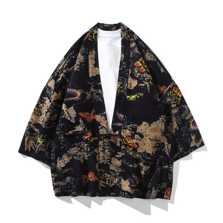 Buddha Stones Geometry Floral Stripes Butterfly Ink Open Front Half Sleeve Jacket Cotton Men's Kimono - Butterfly Black - US/UK/AU46，EU56 (5XL) - image 13