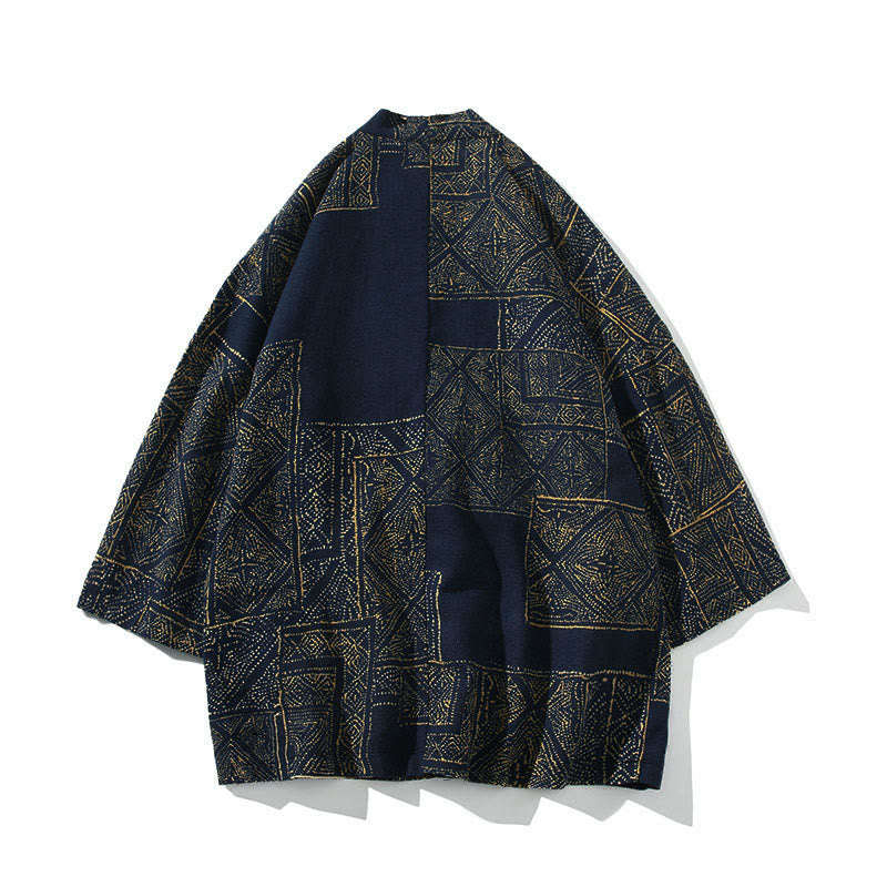 Buddha Stones Geometry Floral Stripes Butterfly Ink Open Front Half Sleeve Jacket Cotton Men's Kimono - image 1