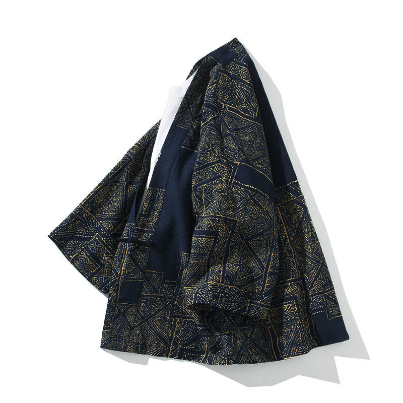 Buddha Stones Geometry Floral Stripes Butterfly Ink Open Front Half Sleeve Jacket Cotton Men's Kimono - image 2