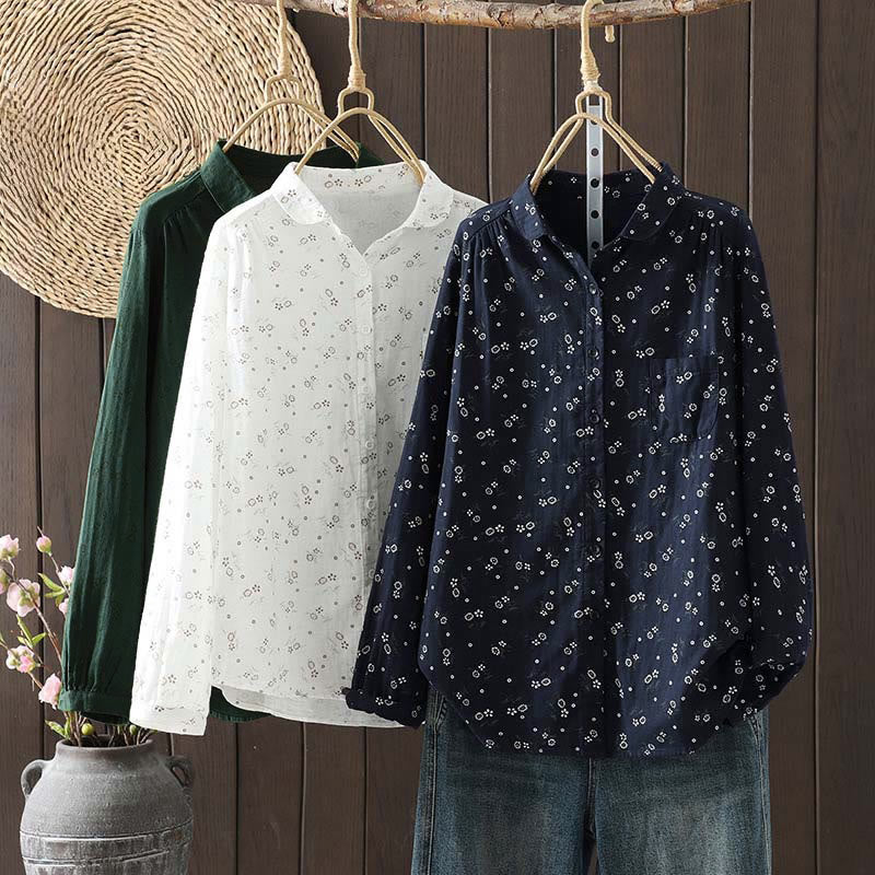 Buddha Stones Fall Small Floral Pattern Buttons Down Design Long Sleeve Women's Cotton Shirt - image 1