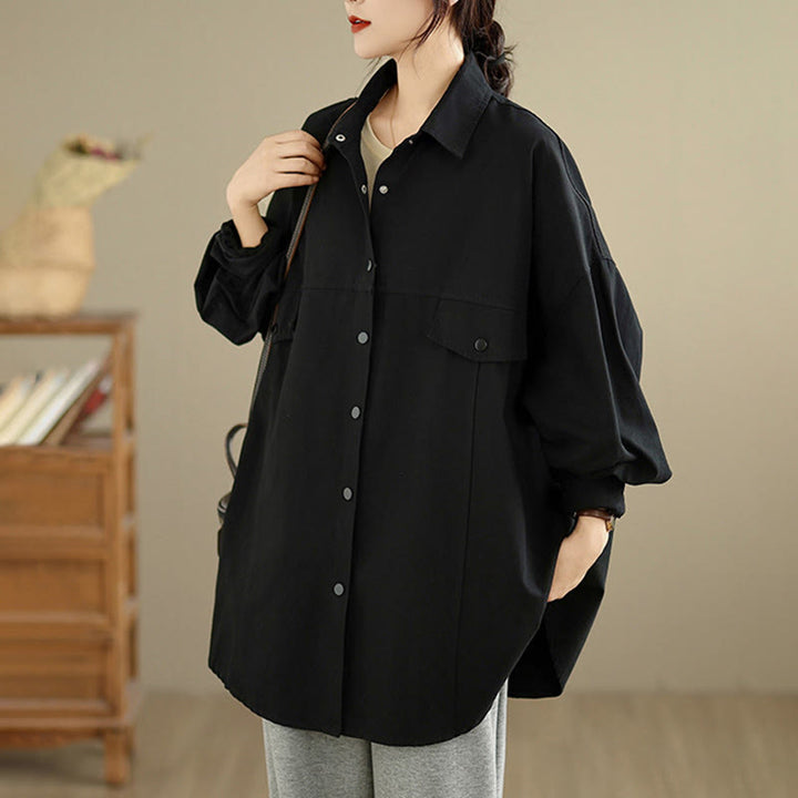 Buddha Stones Fall Pure Color Lapel Button Simple Design Women's Cotton Long Sleeve Jacket - image 9