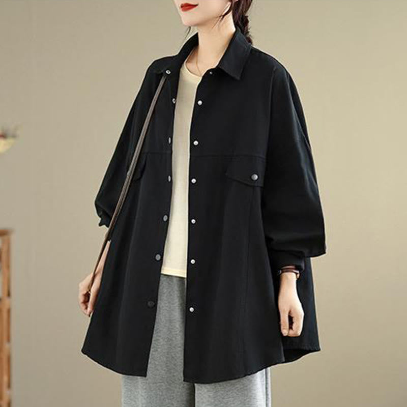 Buddha Stones Fall Pure Color Lapel Button Simple Design Women's Cotton Long Sleeve Jacket - image 6