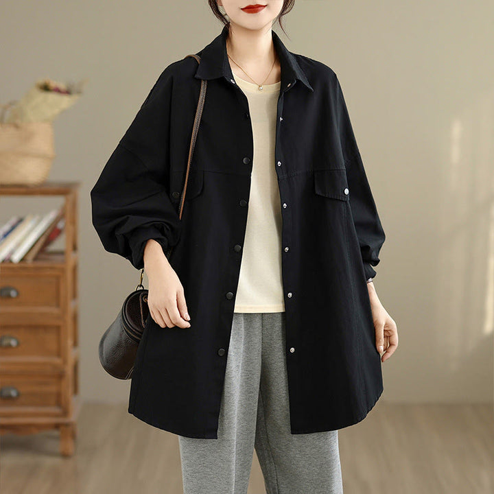Buddha Stones Fall Pure Color Lapel Button Simple Design Women's Cotton Long Sleeve Jacket - Black - US14，UK/AU18，EU46 (2XL) - image 5