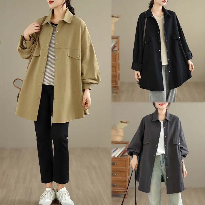 Buddha Stones Fall Pure Color Lapel Button Simple Design Women's Cotton Long Sleeve Jacket - image 22