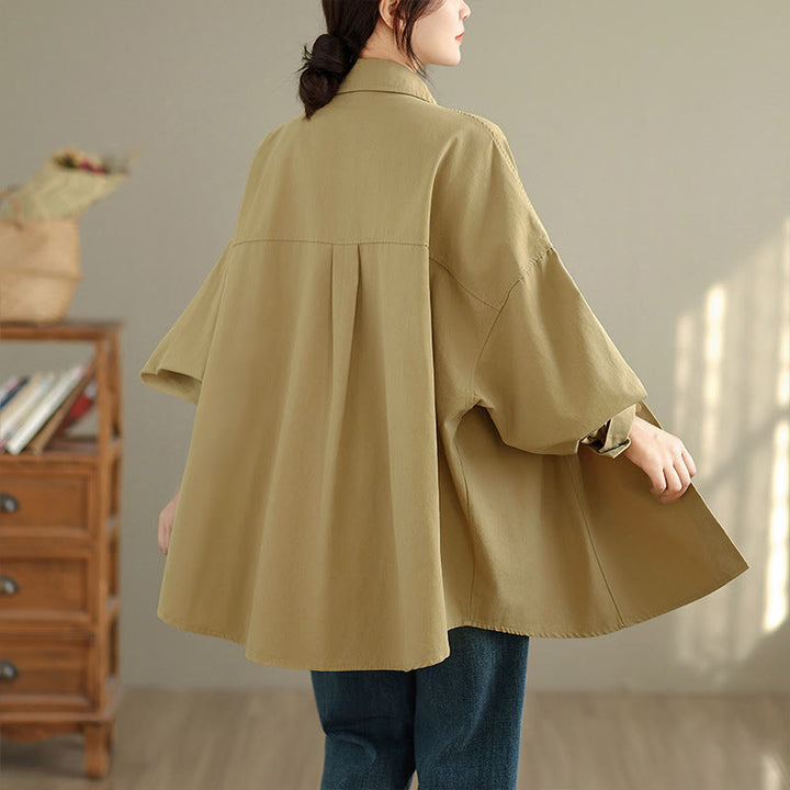 Buddha Stones Fall Pure Color Lapel Button Simple Design Women's Cotton Long Sleeve Jacket - image 15