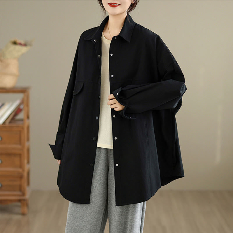 Buddha Stones Fall Pure Color Lapel Button Simple Design Women's Cotton Long Sleeve Jacket - image 8