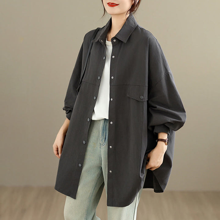 Buddha Stones Fall Pure Color Lapel Button Simple Design Women's Cotton Long Sleeve Jacket - image 1