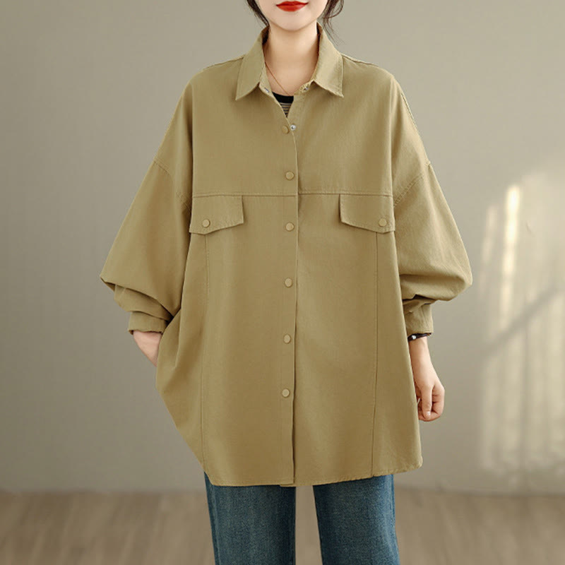 Buddha Stones Fall Pure Color Lapel Button Simple Design Women's Cotton Long Sleeve Jacket - image 16