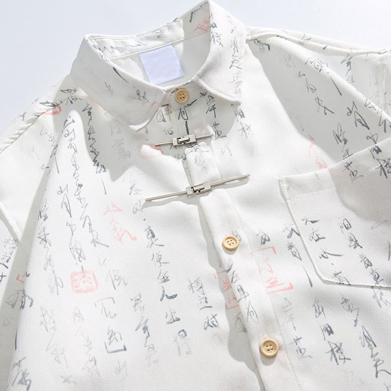 Buddha Stones Calligraphy Print Pattern Metal Bar Frog Closure Design Short Sleeve Men's Shirt With Pocket - image 4