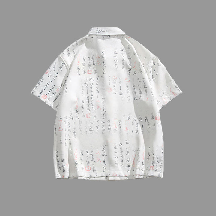 Buddha Stones Calligraphy Print Pattern Metal Bar Frog Closure Design Short Sleeve Men's Shirt With Pocket - image 3