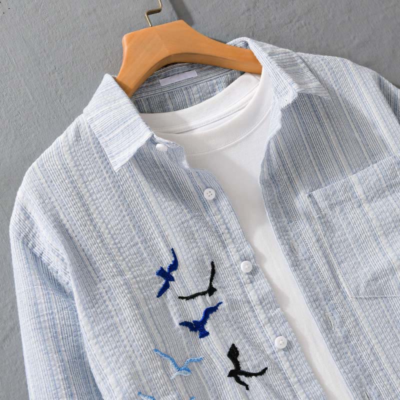 Buddha Stones Embroidery Bird Striped Pattern Long Sleeve Men's Cotton Shirt With Pocket - image 2