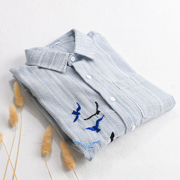 Buddha Stones Embroidery Bird Striped Pattern Long Sleeve Men's Cotton Shirt With Pocket - image 12
